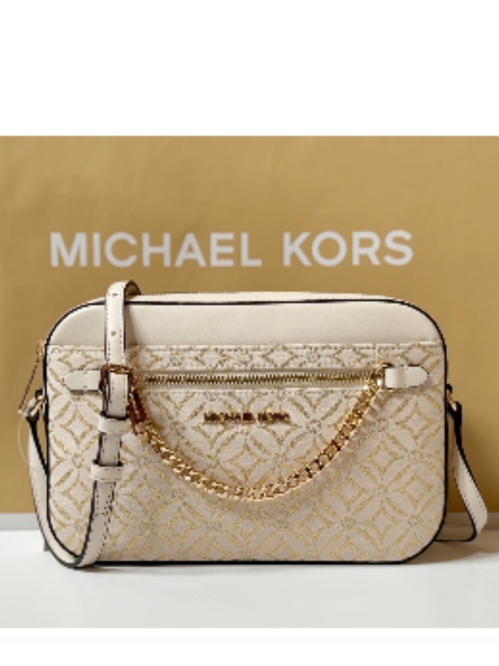 Michael Kors Jet Set Cream & Gold MK Signature Chain Crossbody Bag NEW